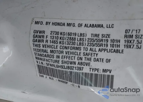 2018 Honda Odyssey Elite из США, поврежденный, VIN 5FNRL6H93JB021397